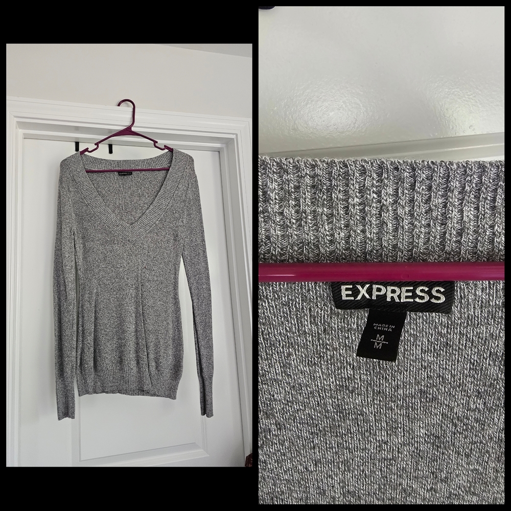 Express Gray V-Neck Sweater with Ribbed Knit